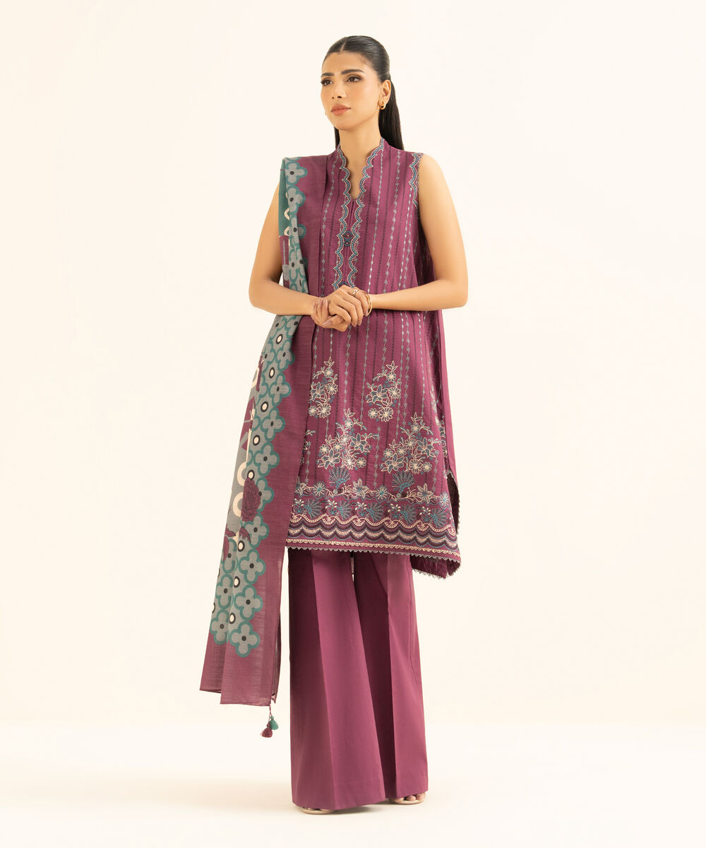 Women's Unstitched Cross Hatch Embroidered Red 3 Piece Suit