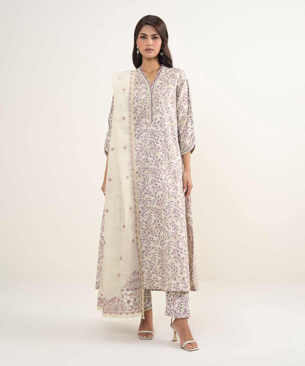 Women's Unstitched Zari Lawn Embroidered Purple 3 Piece Suit