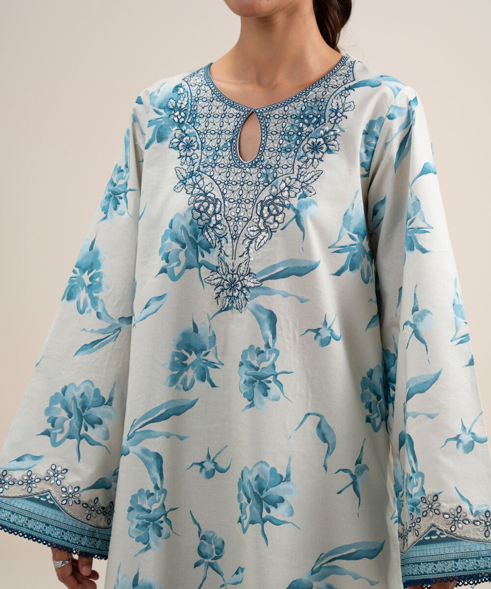 Women's Unstitched Lawn Embroidered Off White and Blue 3 Piece Suit
