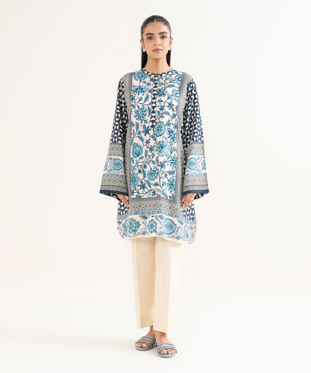 Women's RTW Cotton Printed Drop Shoulder Blue Shirt