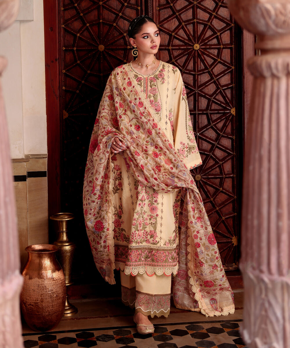 Women's RTW Self Jacquard Embroidered Yellow 3 Piece Suit