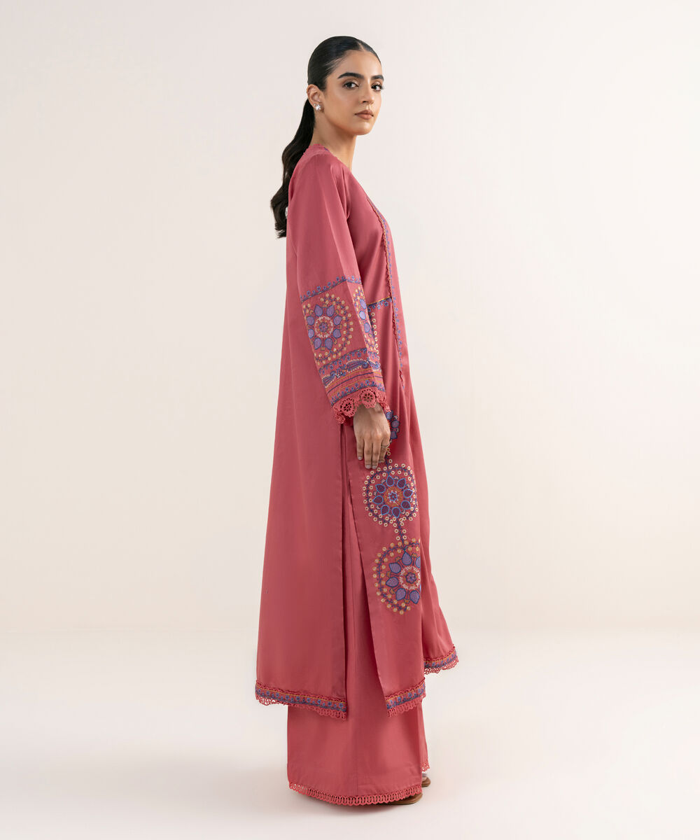 Women's RTW Cotton Satin Pink Embroidered A-Line Shirt