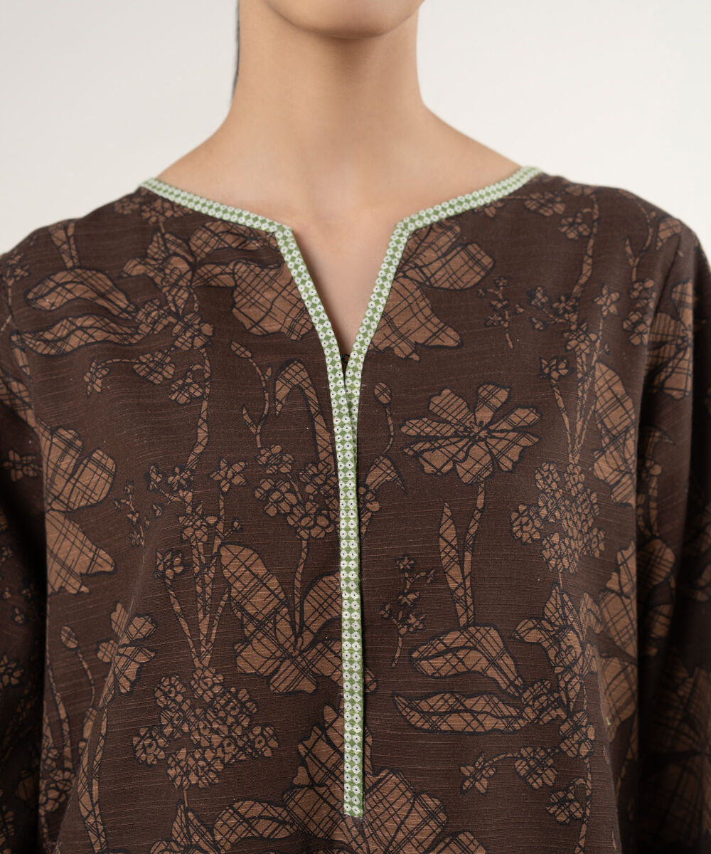 Women's Unstitched Printed Khaddar Brown 3 Piece Suit