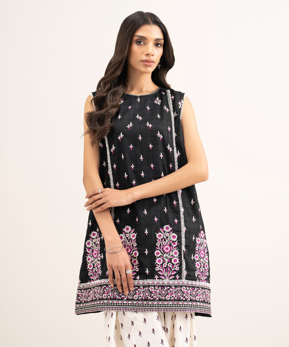 Women's RTW Lawn Embroidered Black Straight Shirt