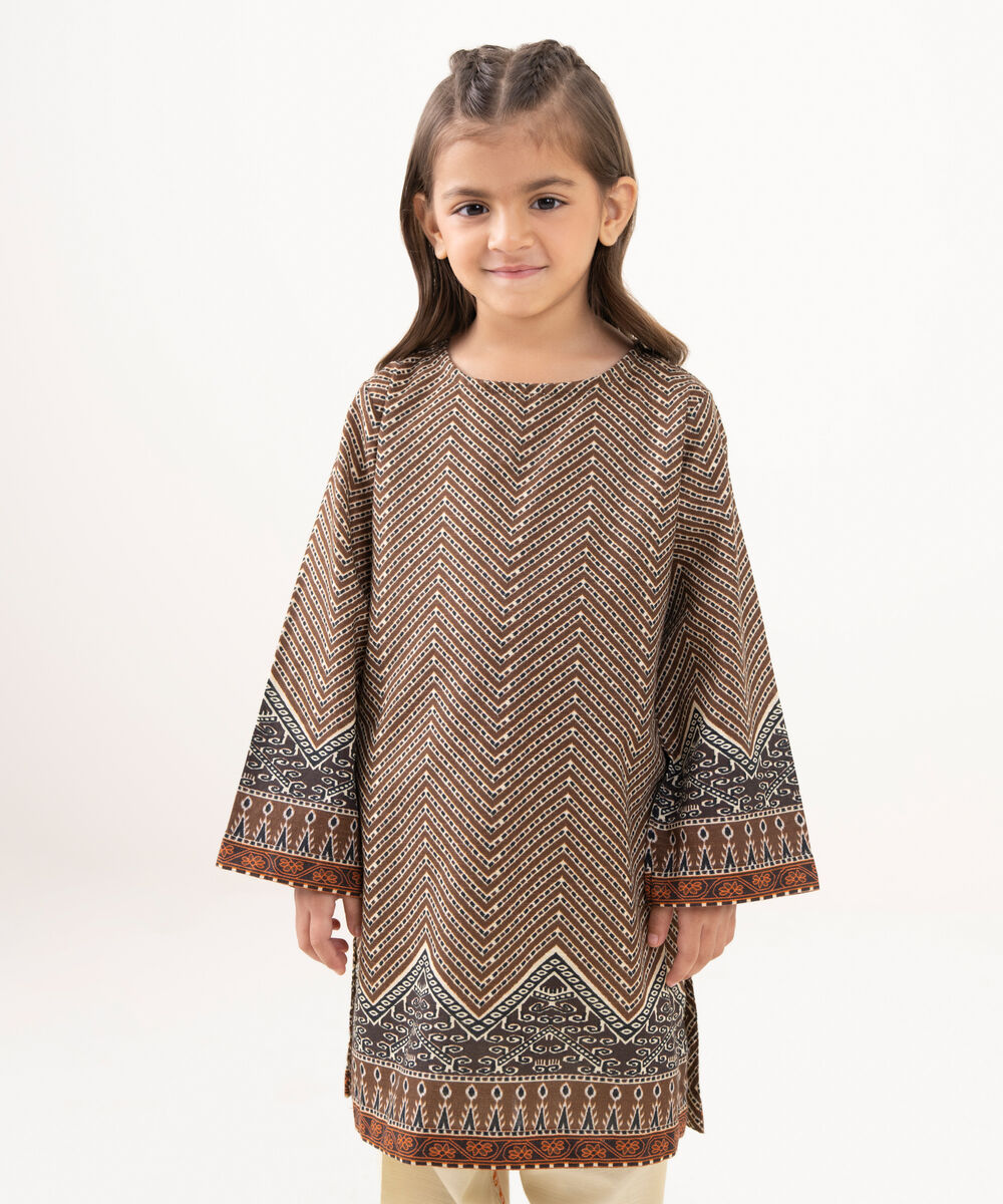 Girl's Light Khaddar Printed Brown 2 Piece Suit