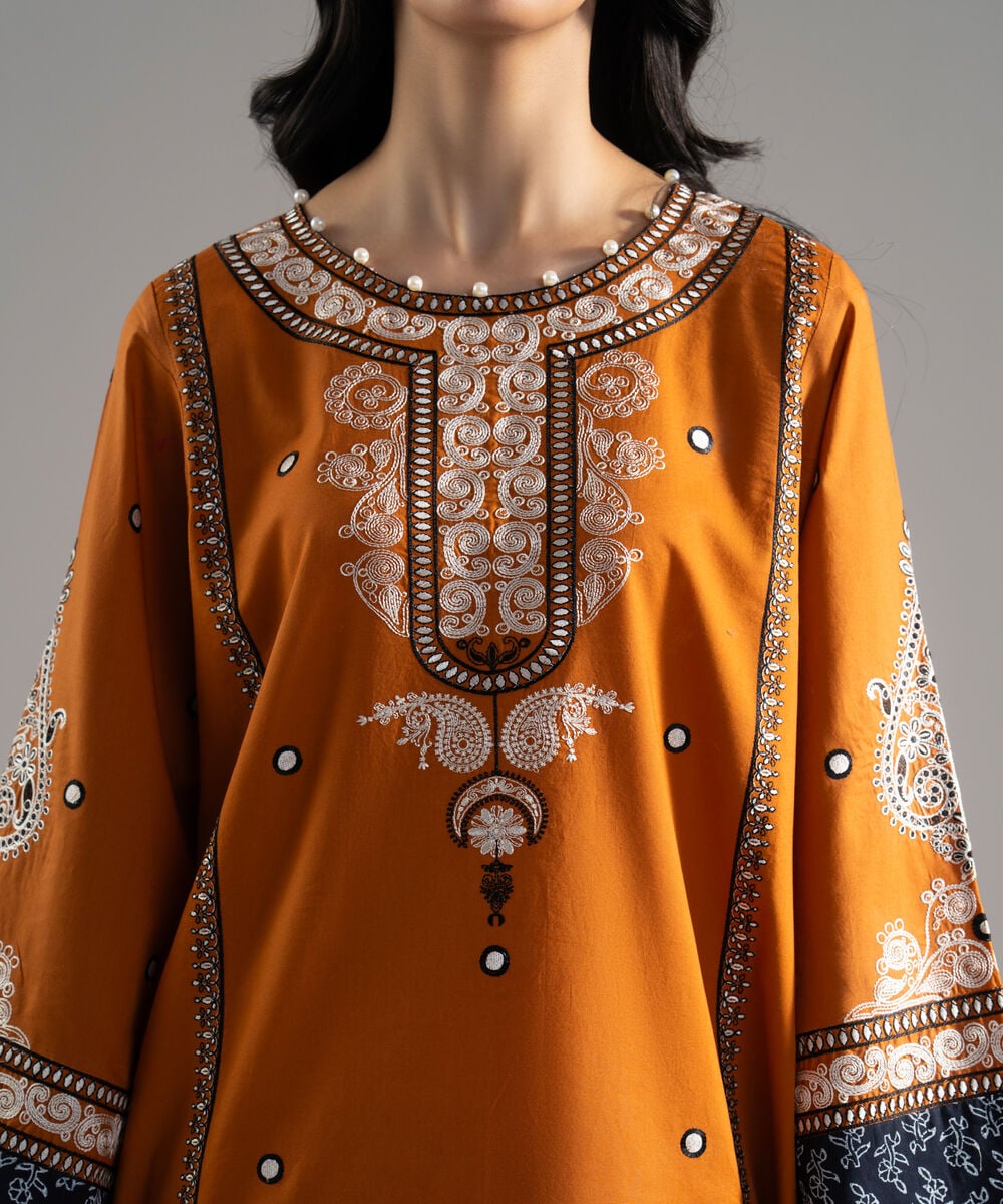 Women's RTW Cambric Embroideredroidered Mustard Brown Boxy Shirt