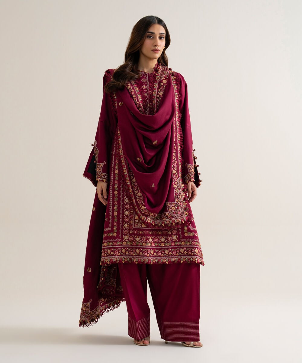 Womens Unstitched Cotton Twill Embroidered Pink 3 Piece Suit