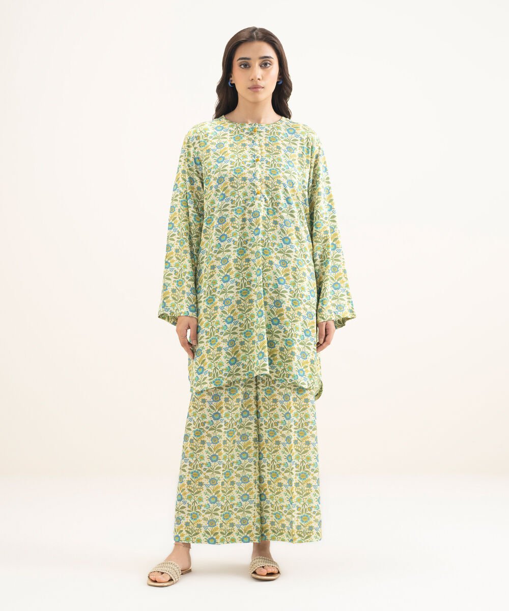 Women's RTW Arabic Lawn Printed Mint Green Boxy Shirt