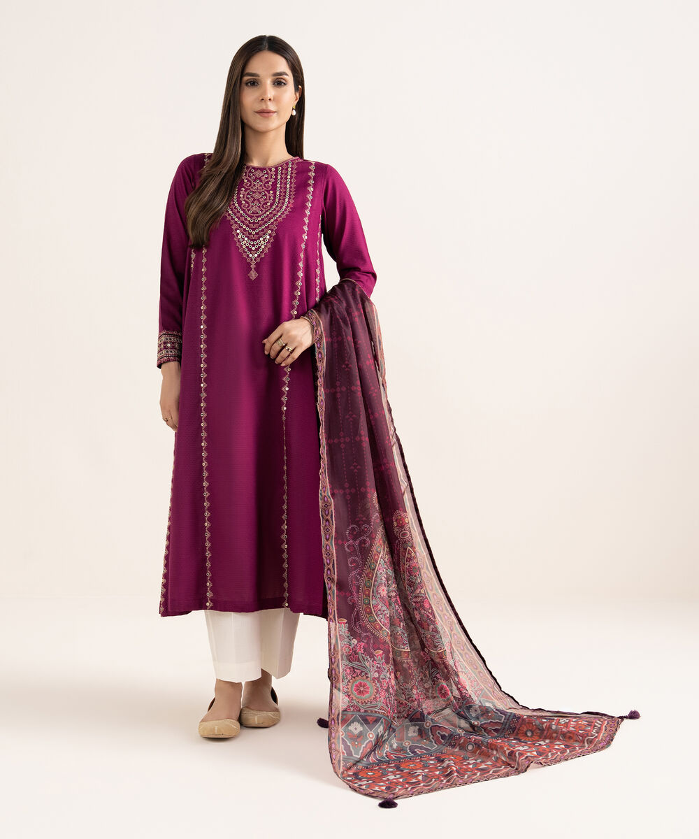 Women's RTW Textured Cotton Crimson Embroidered A-Line Shirt