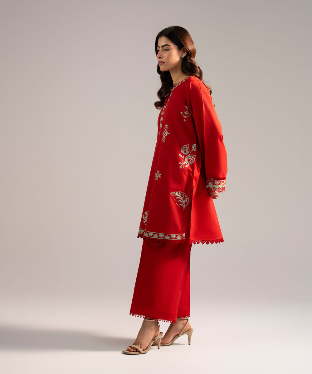 Women's RTW Cotton Viscose Embroidered Red A-Line Shirt