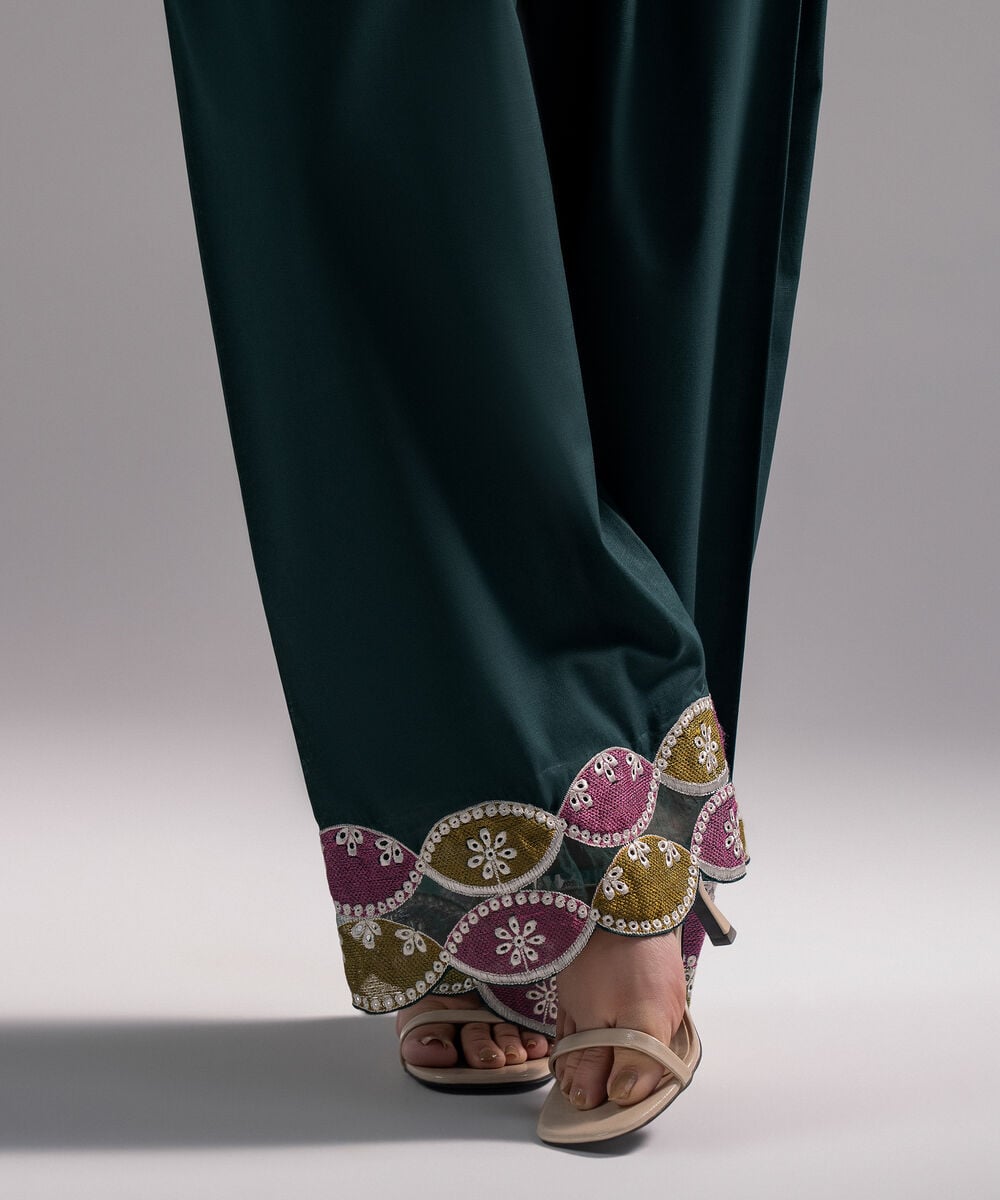 Women's RTW Slub Lawn Solid Dark Green Farshi Shalwar