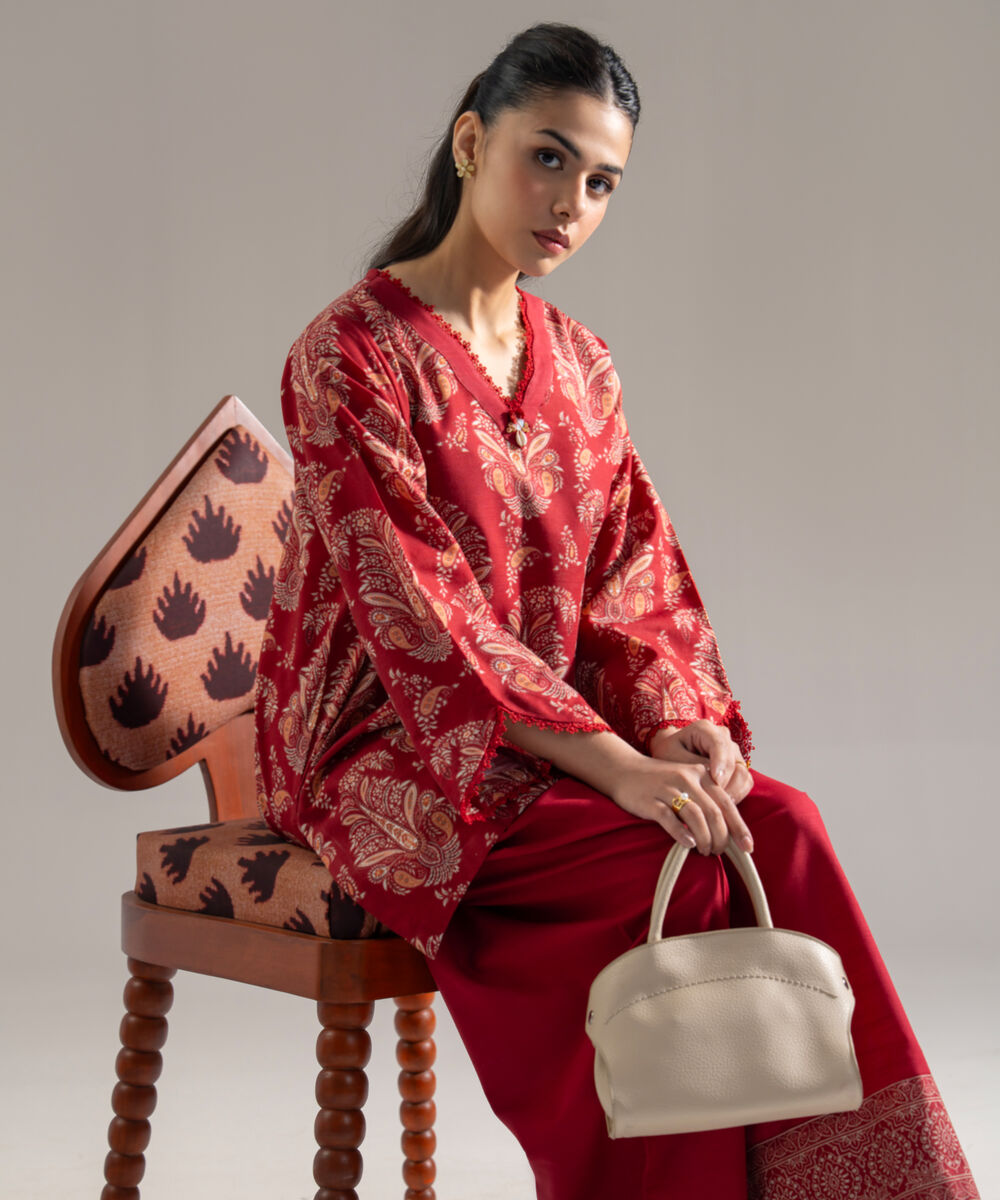 Women's RTW Khaddar Printed Maroon 2 Piece Suit