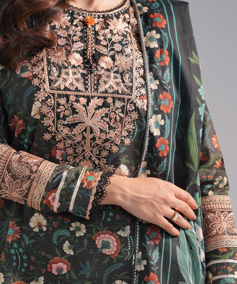 Women's RTW Zari Lawn Embroidered Black 3 Piece Suit