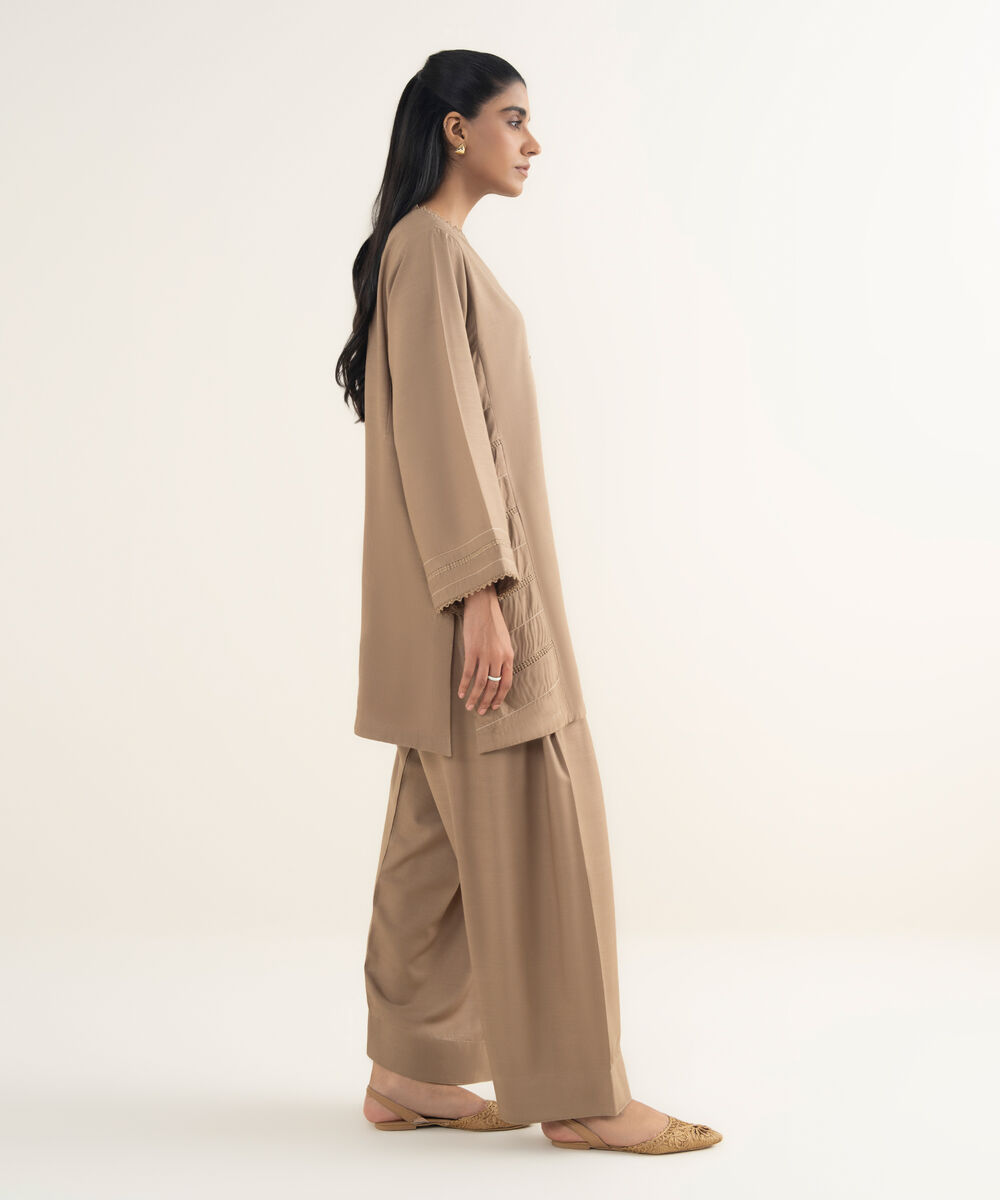 Women's RTW Khaddar Solid Beige Straight Shirt