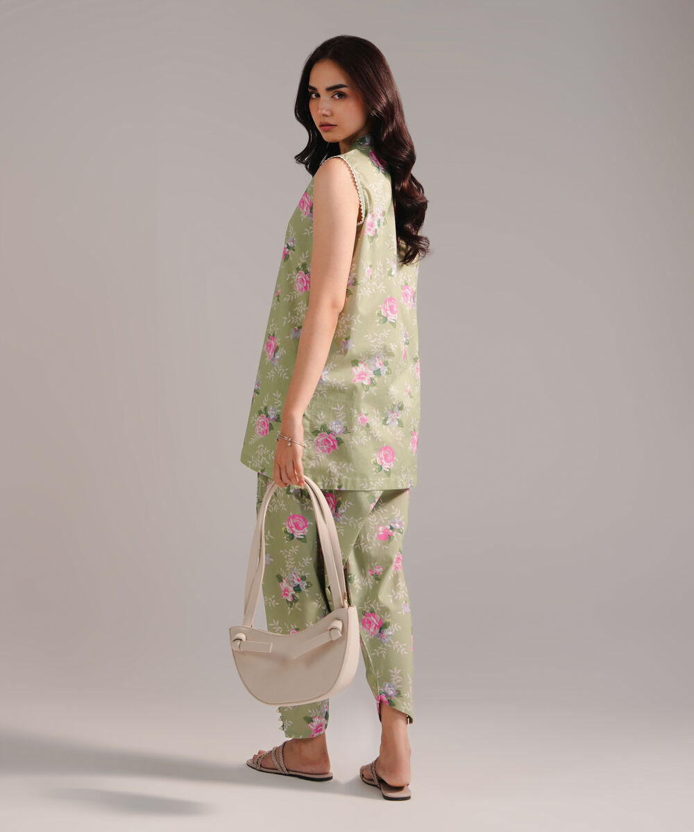 Women's RTW Cambric Printed Green 2 Piece Suit