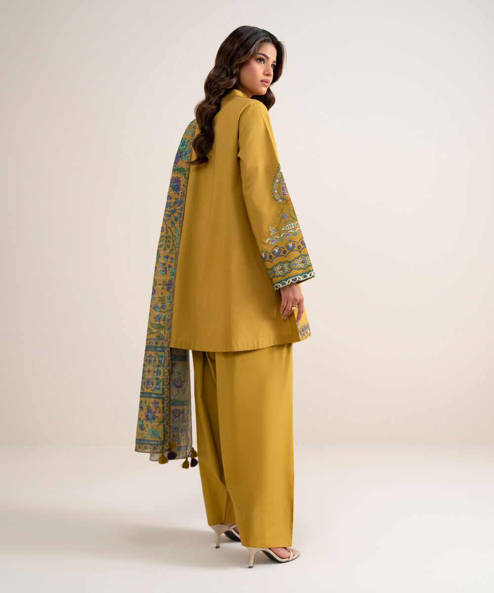 Women's Unstitched Embroidered Cotton Mustard 3 Piece Suit