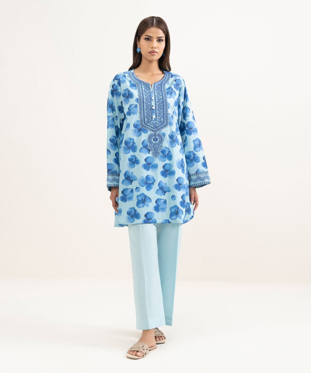 Women's RTW Cambric Embroidered Blue Straight Shirt