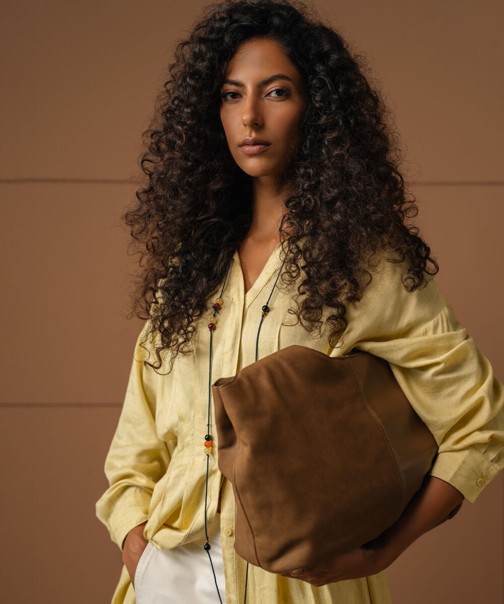 Women's Butter Yellow Linen Blend Dress With  Crochet Belt