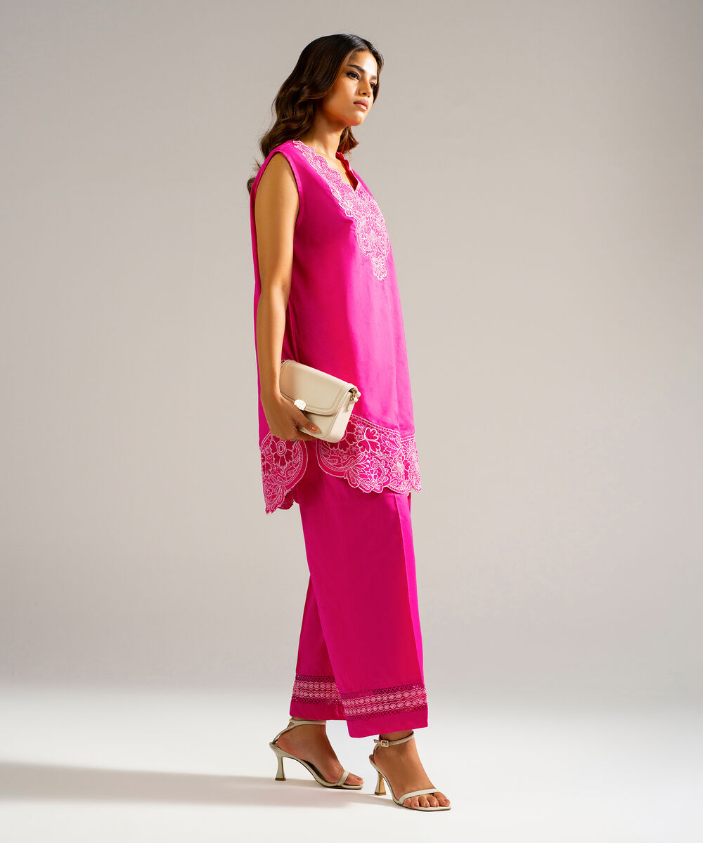 Women's RTW Self Jacquard Embroidered Pink 2 Piece Suit