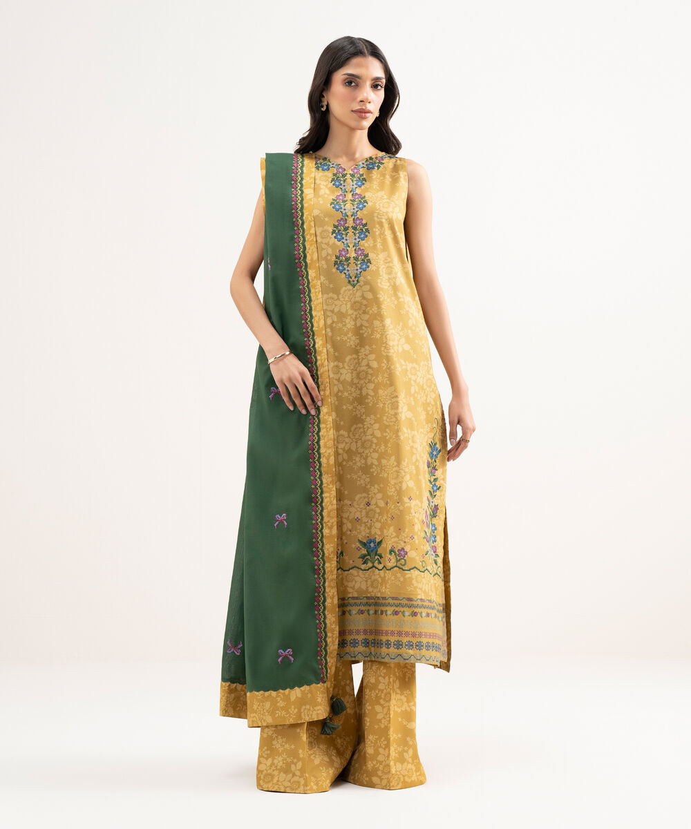 Women's Unstitched Lawn Embroidered Yellow 3 Piece Suit