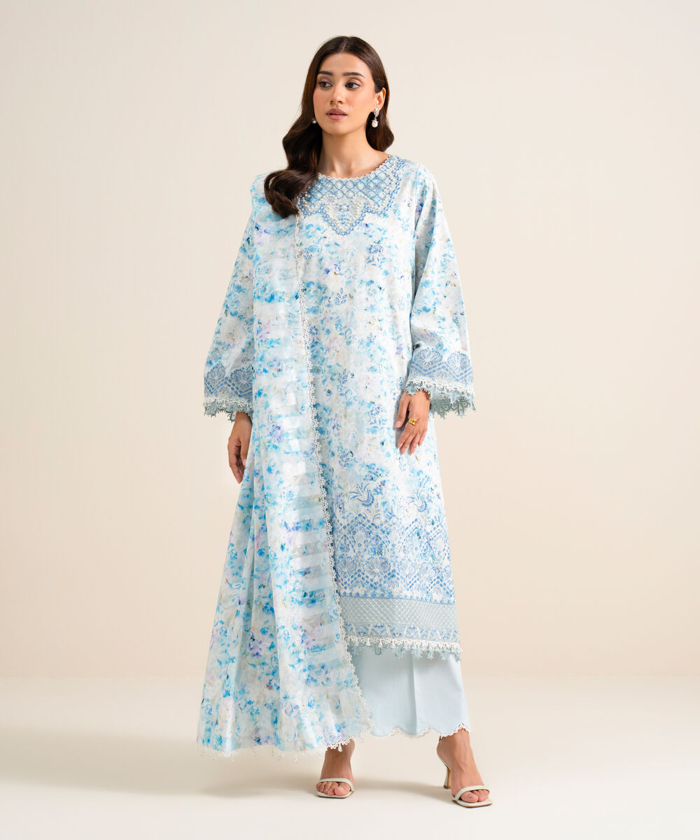Women's Unstitched Embroidered Lawn White 3 Piece Suit