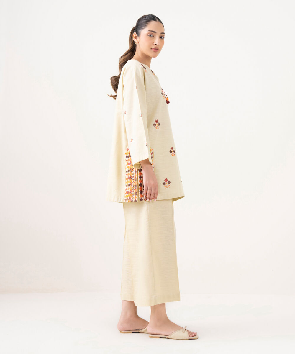 Women's RTW Light Khaddar Embroidered Beige Straight Shirt