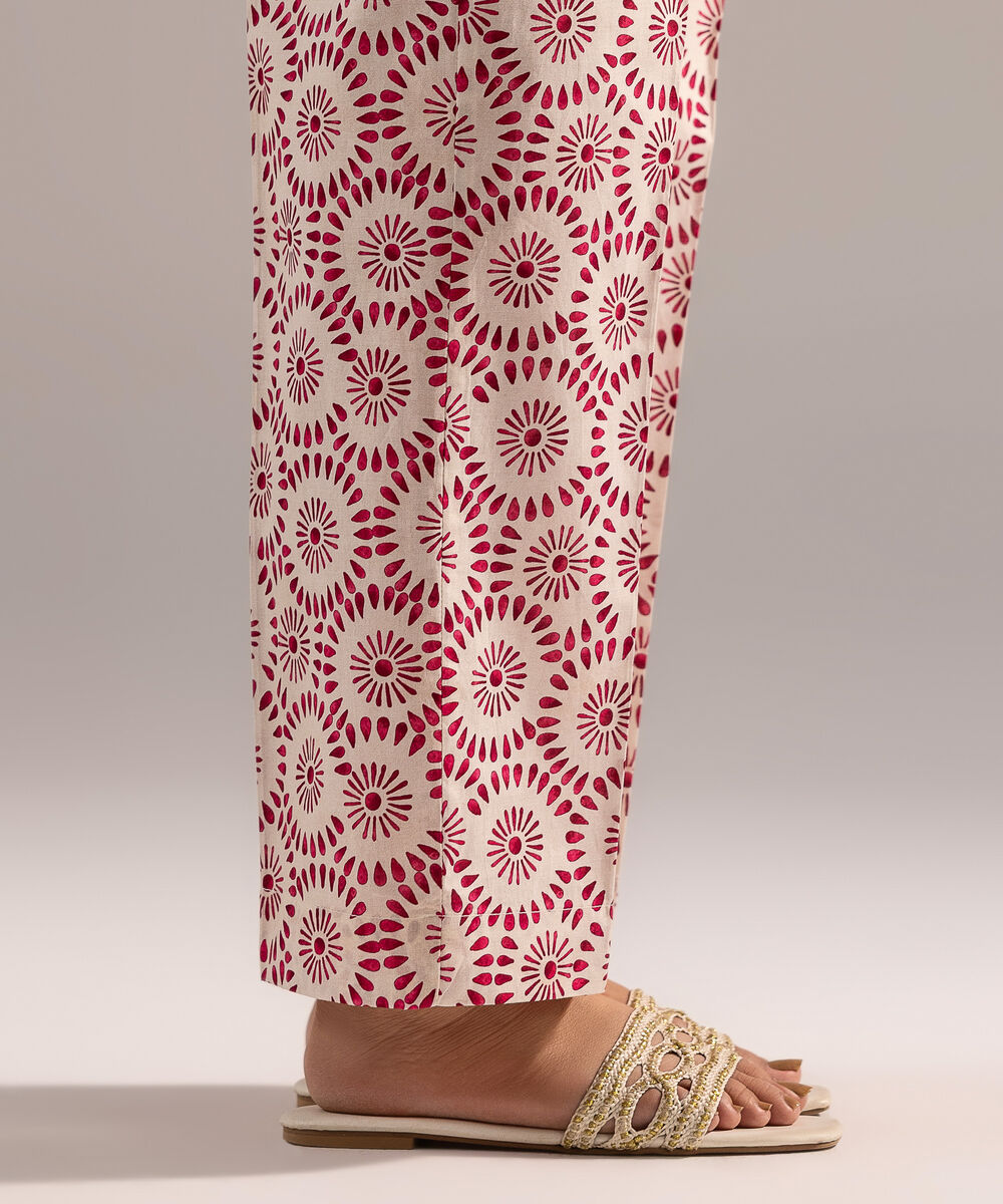 Women's RTW Cambric Printed White Straight Pants