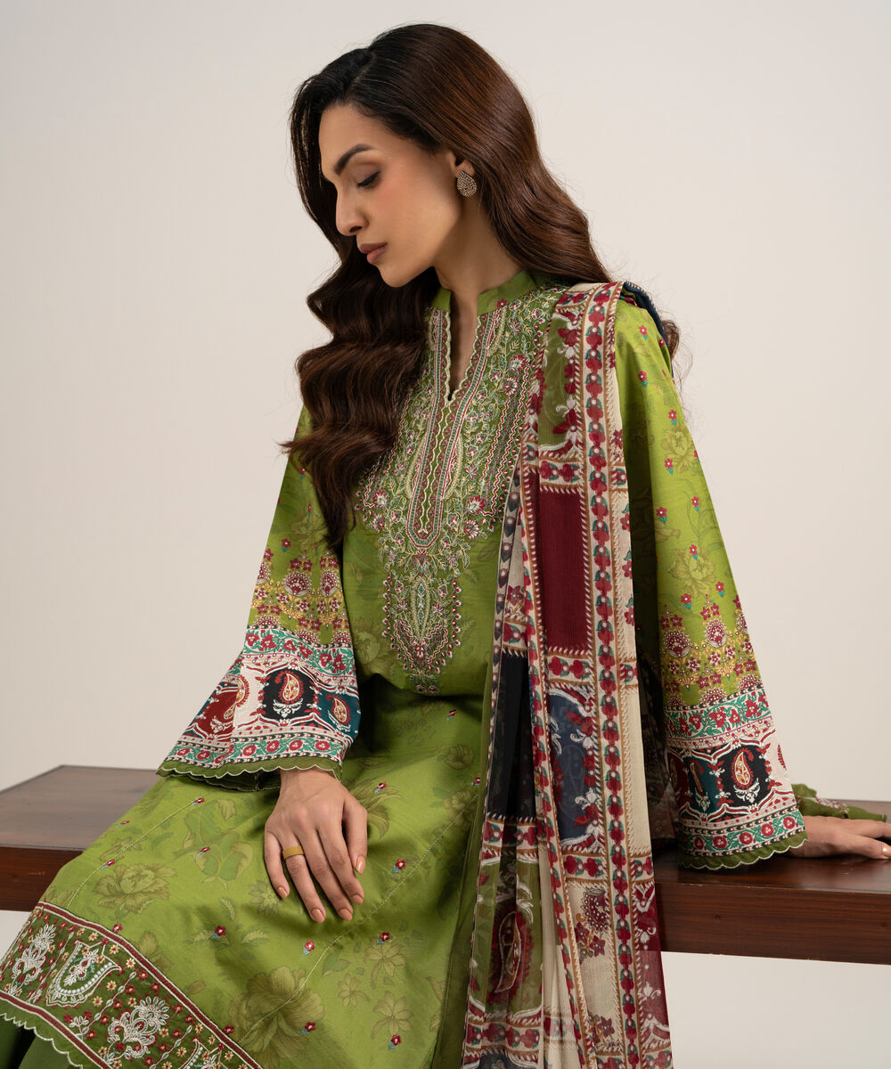 Women's Unstitched Lawn Embroidered Green