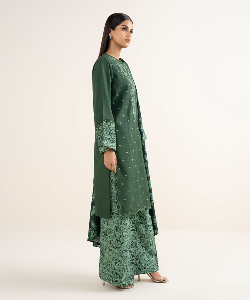 Women's Unstitched Khaddar Embroidered Green 3 Piece Suit
