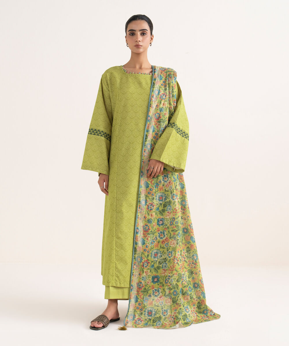 Women's Unstitched Lawn Printed Green Three Piece Suit
