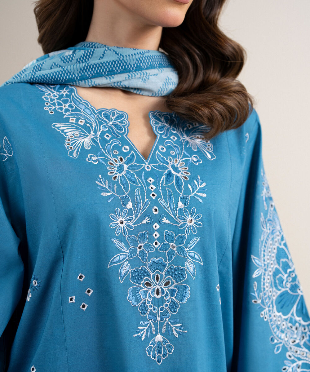 Women's Unstitched Textured Lawn Embroidered Blue 3 Piece Suit