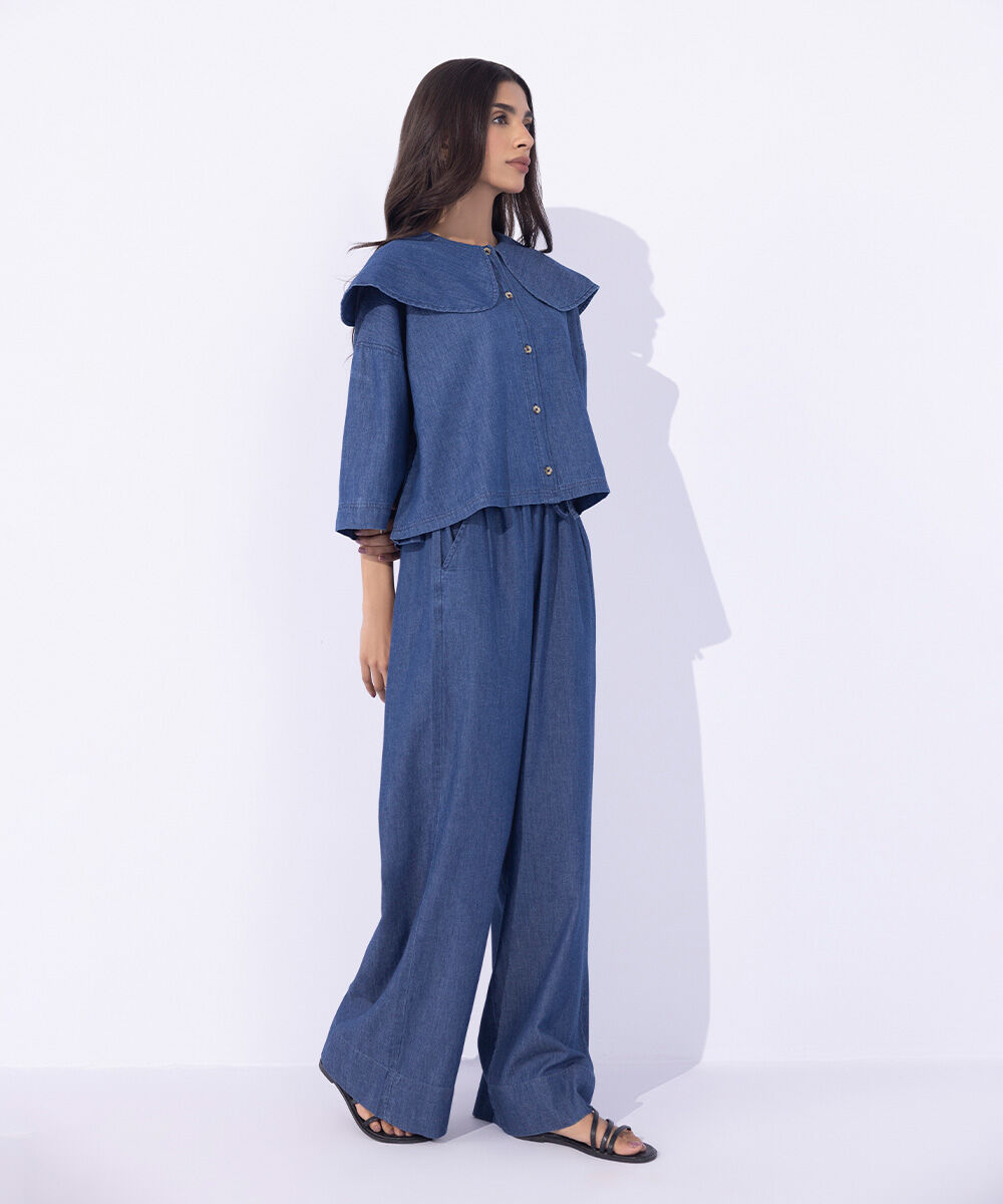 Women's Western Wear Blue Peter Pan Cropped Shirt