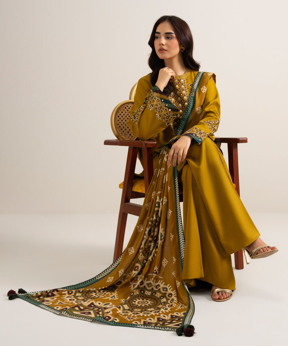 Women's Unstitched Embroidered Linen Mustard 3 Piece Suit