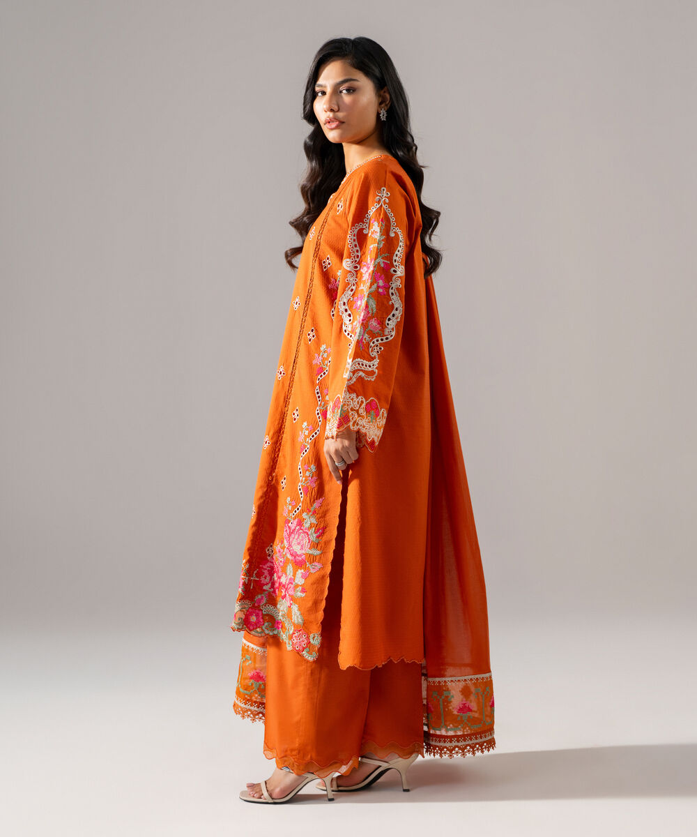 Women's RTW Dobby Embroidered Rust 3 Piece Suit