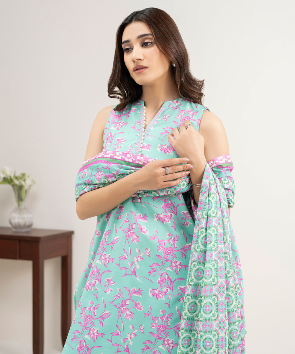 Women's Unstitched Lawn Printed Blue 3 Piece Suit