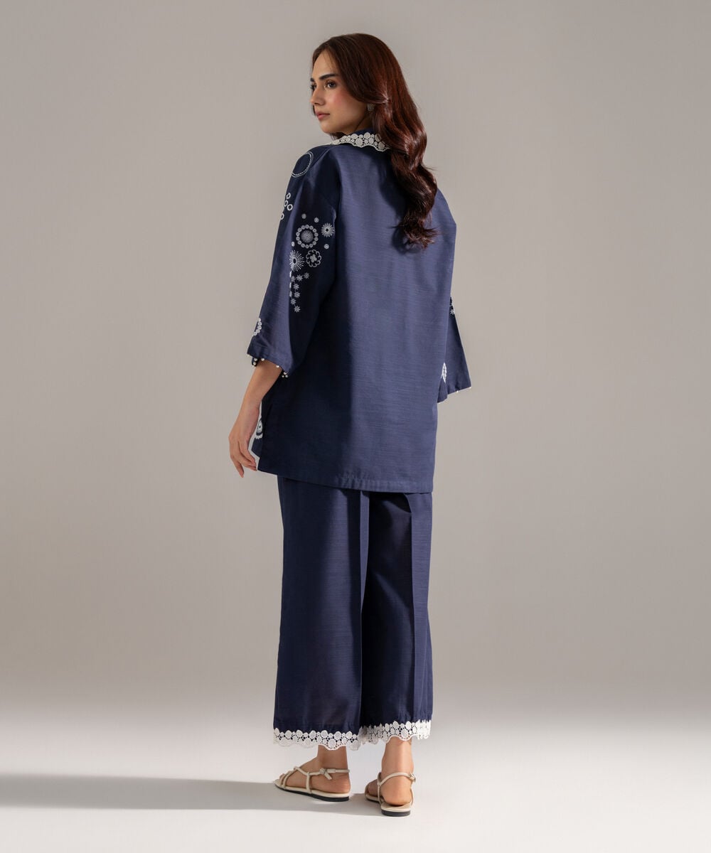 Women's RTW Khaddar Solid Embroidered Blue Drop Shoulder Shirt