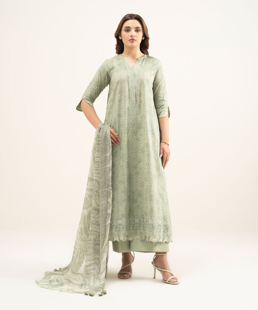 Women's Unstitched Lawn Green Embroidered 3 Piece Suit