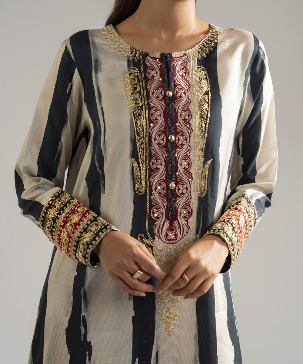 Women's RTW Bright Raw Silk Embroidered Off White 3 Piece Suit