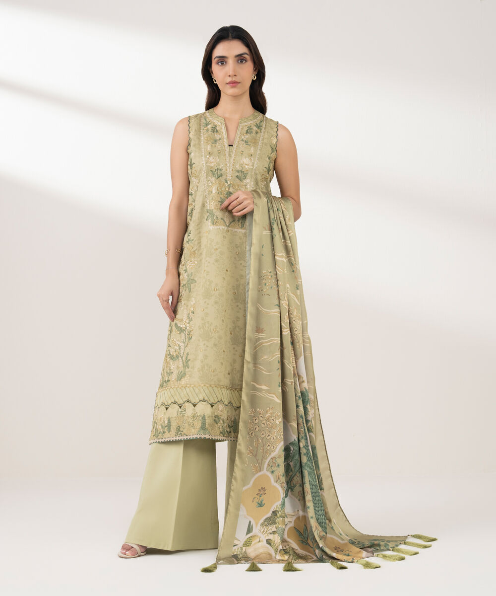 Women's Unstitched Cotton Embroidered Beige 3 Piece Suit