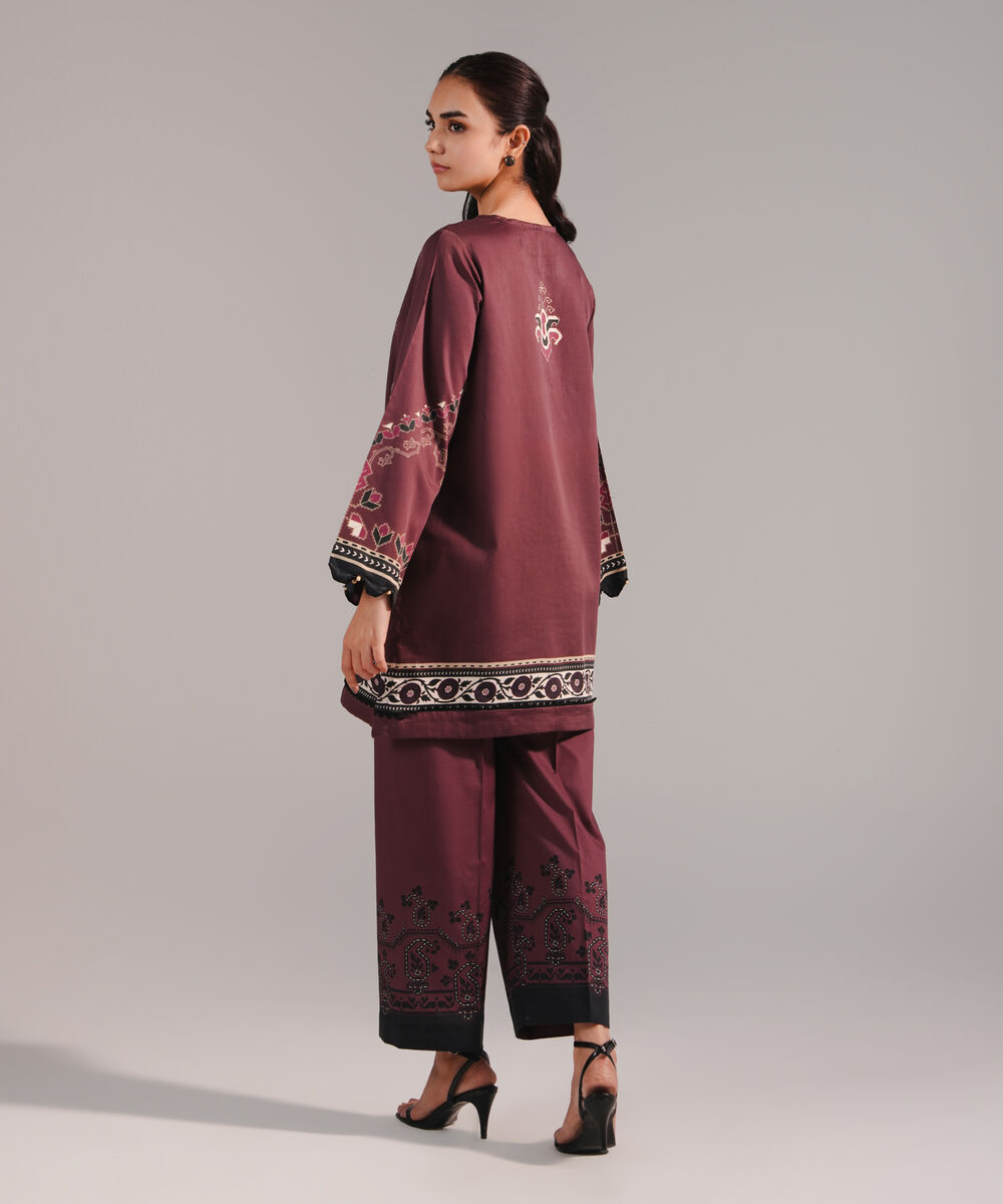 Women's RTW Cotton Satin Printed Brown Straight Shirt