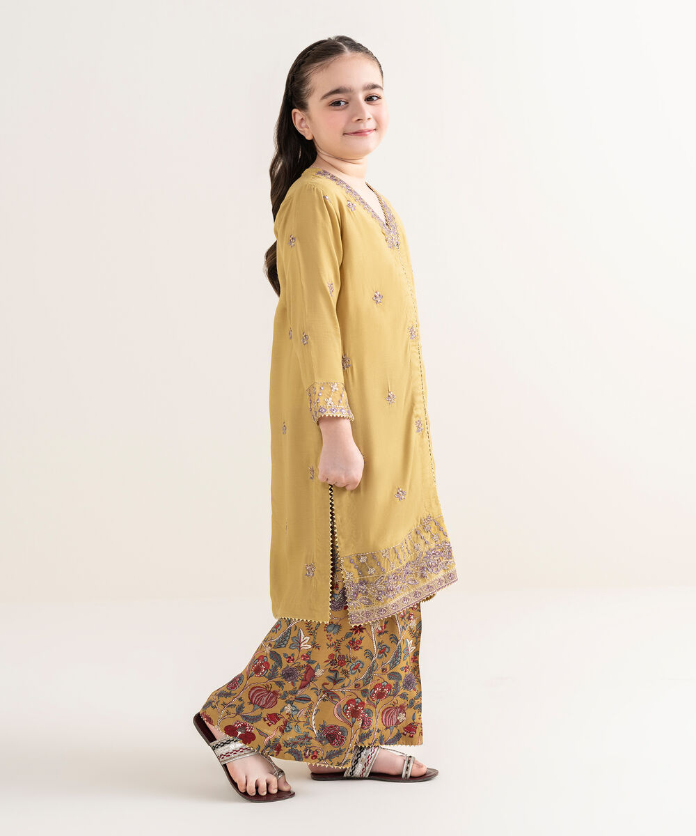 Girl's Viscose Raw Silk Yellow Embroidered 2 Piece Suit