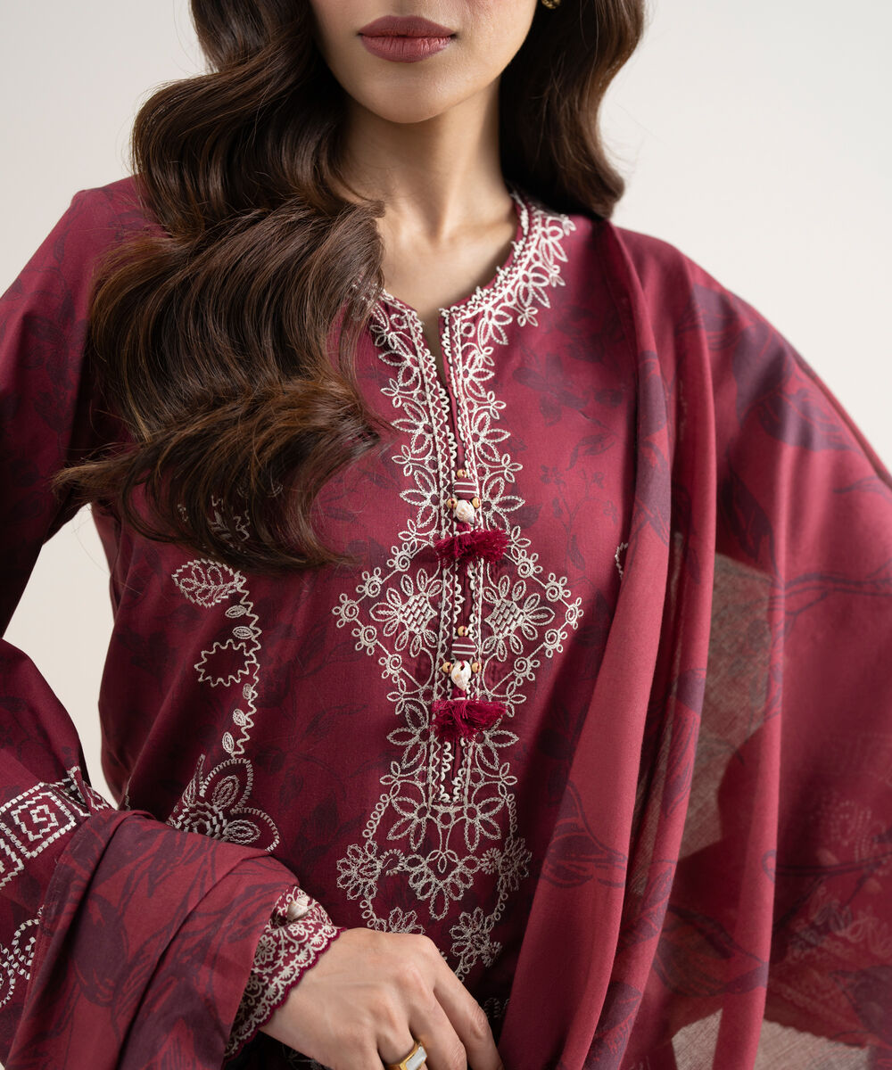 Women's Unstitched Lawn Embroidered Maroon 3 Piece Suit