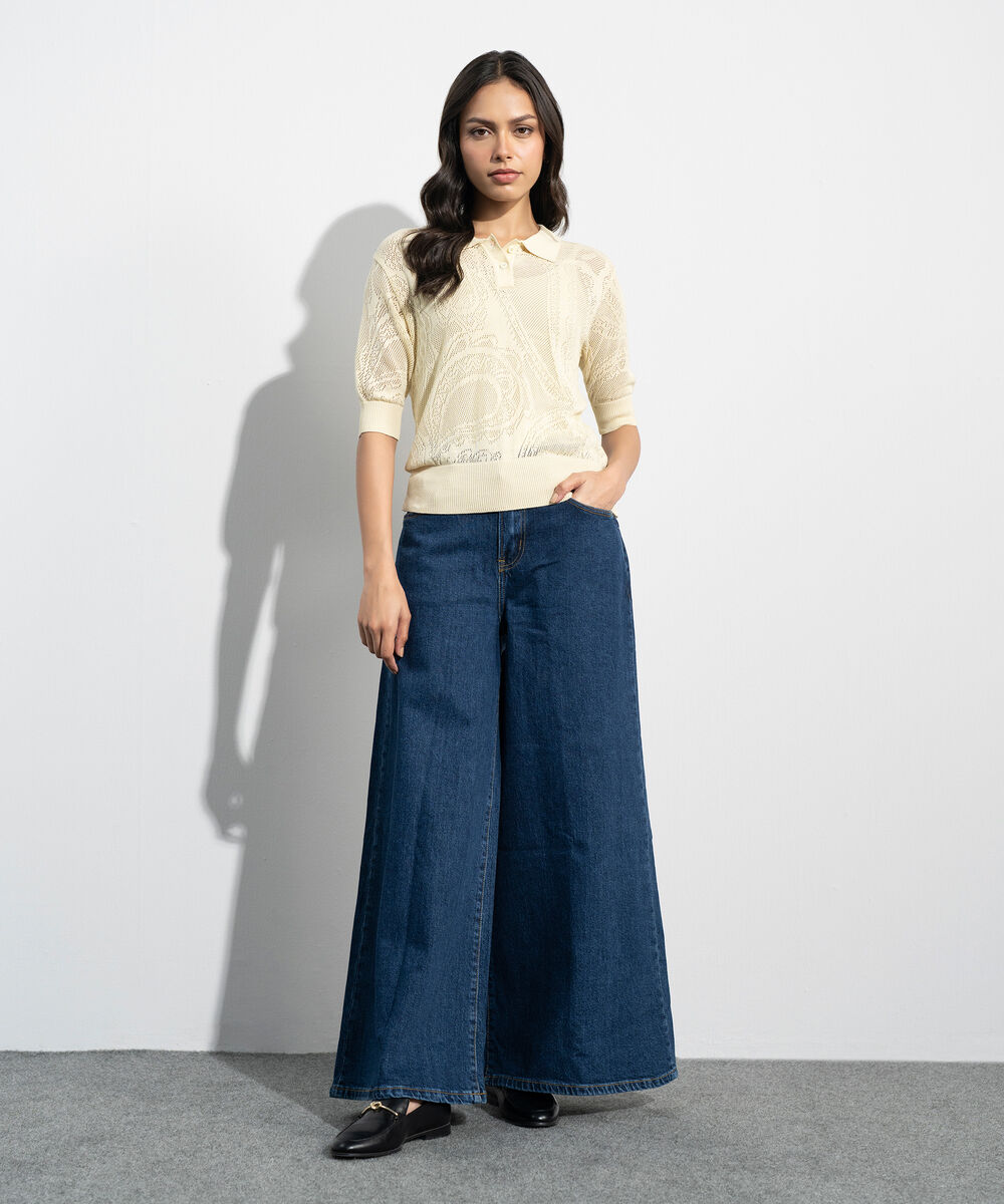 Women's Western Yellow Pointelle Summer Knit Polo Top