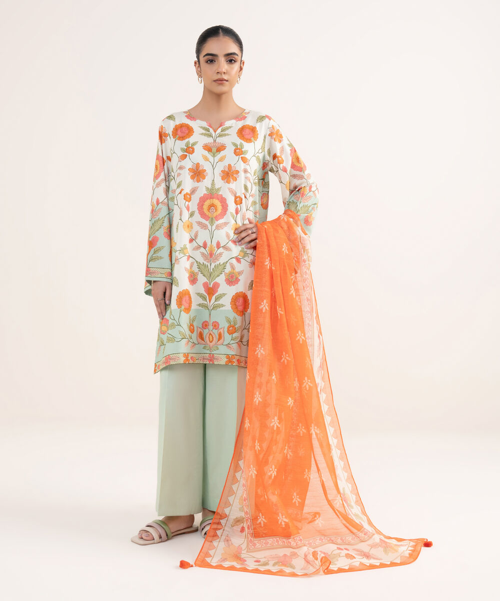 Women's RTW Lawn Viscose Off White Printed A-Line Shirt