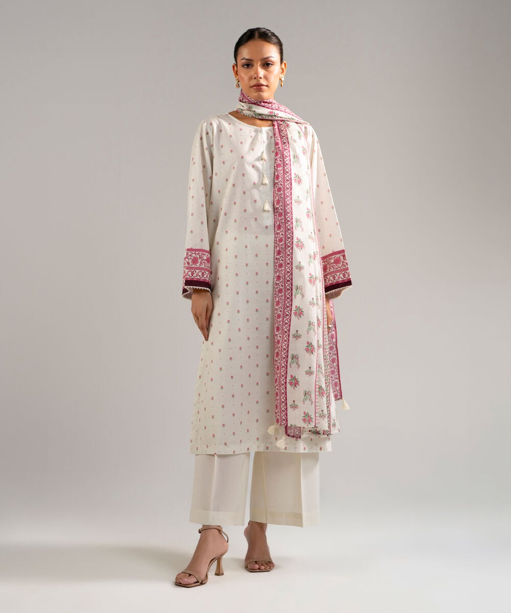 Women's RTW Slub Lawn Printed White 3 Piece Suit