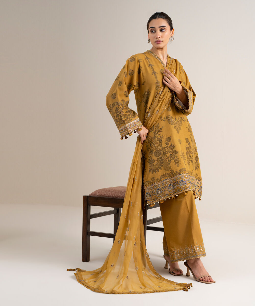 Women's Unstitched Extra Weft Jacquard Embroidered Brown