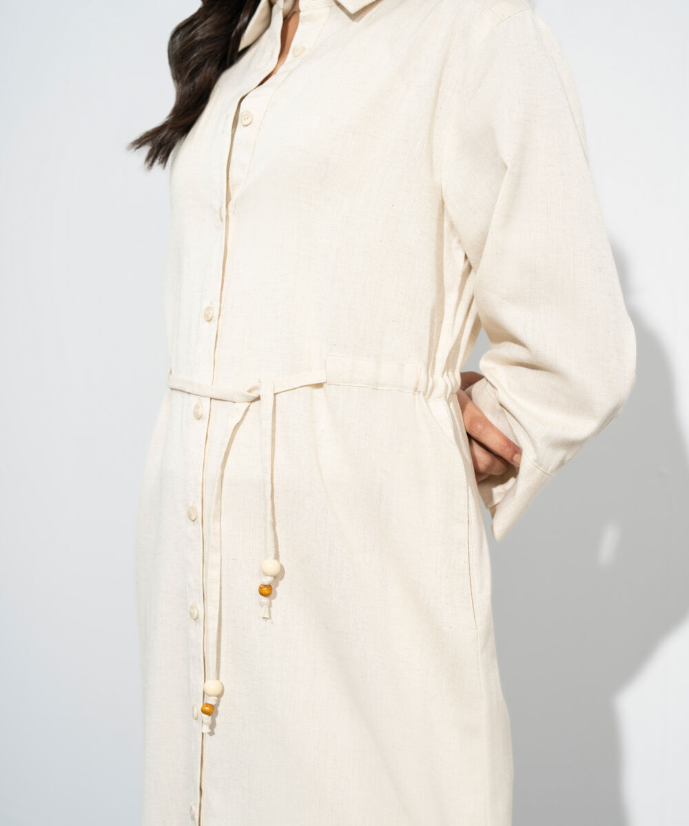 Women's Western Beige Linen Blend Dress With Waist Drawcord