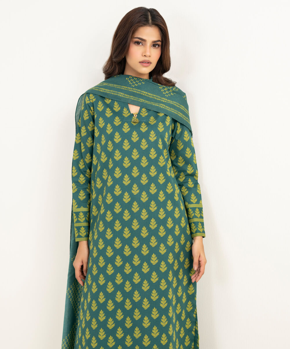 Women's Unstitched Lawn Printed Green 3 Piece Suit