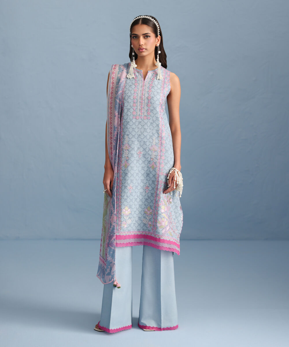 Women's Unstitched Jacquard Embroidered Blue Three Piece Suit