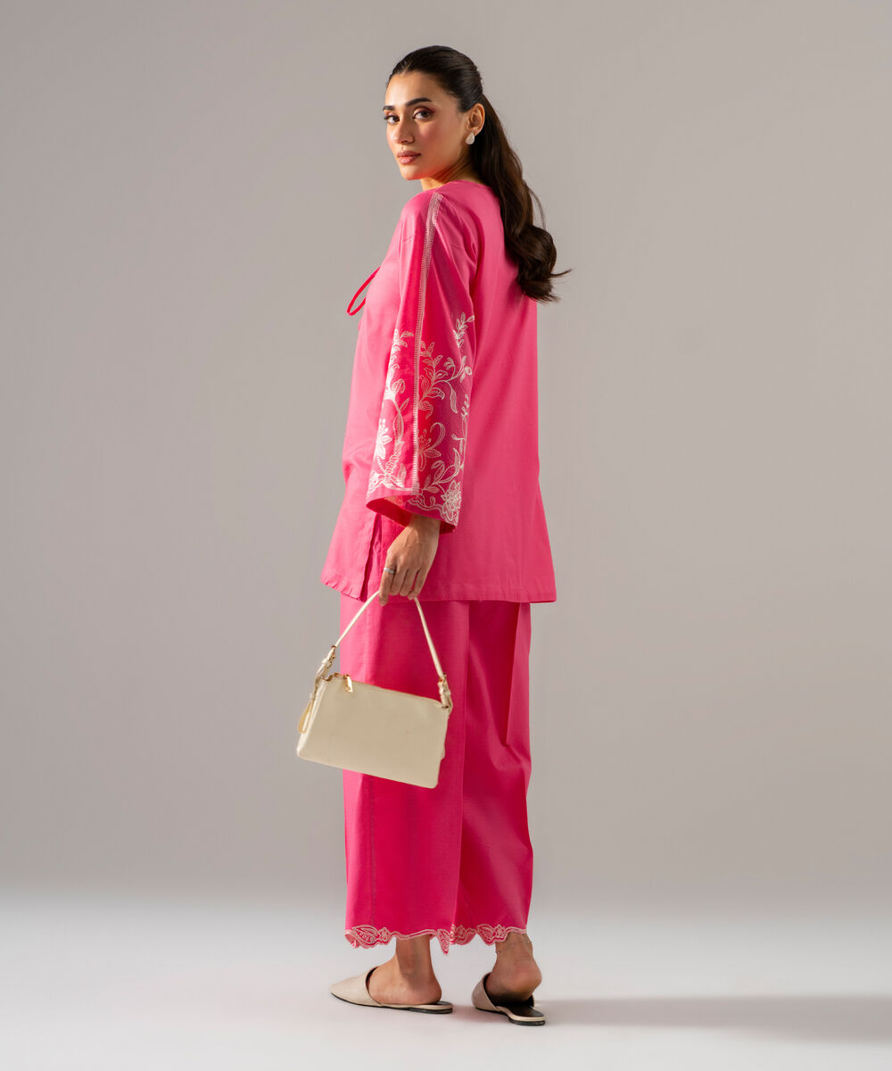 Women's RTW Dobby Solid Embroidered Pink 2 Piece Suit